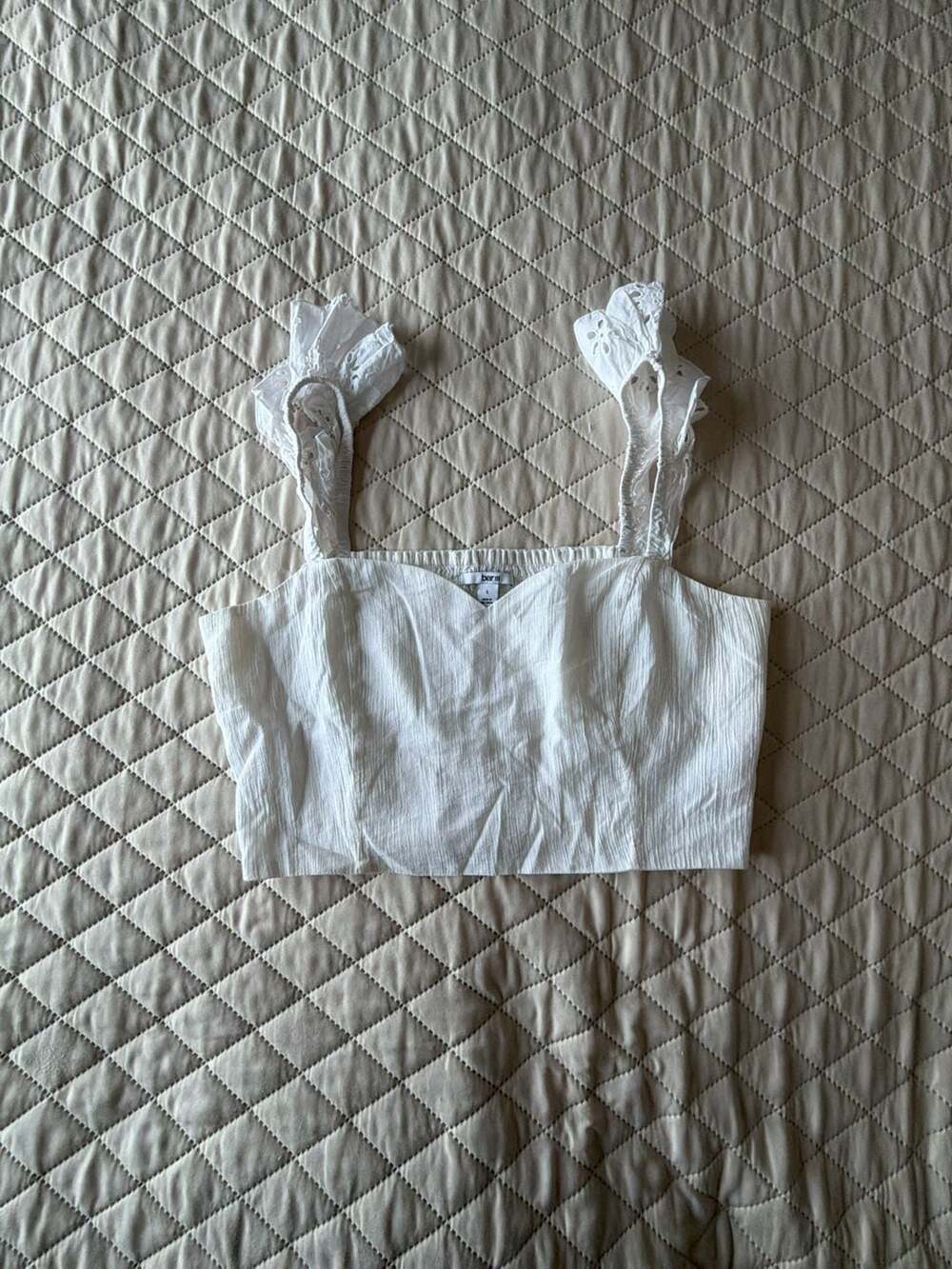Bar III White Eyelet Ruffle Strap Bustier Crop Top